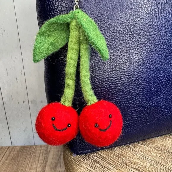 Red Cherries Cherry Bag Charm Fun Felted Wool Purse Charm NEW Accessories NEW! - Picture 3 of 6